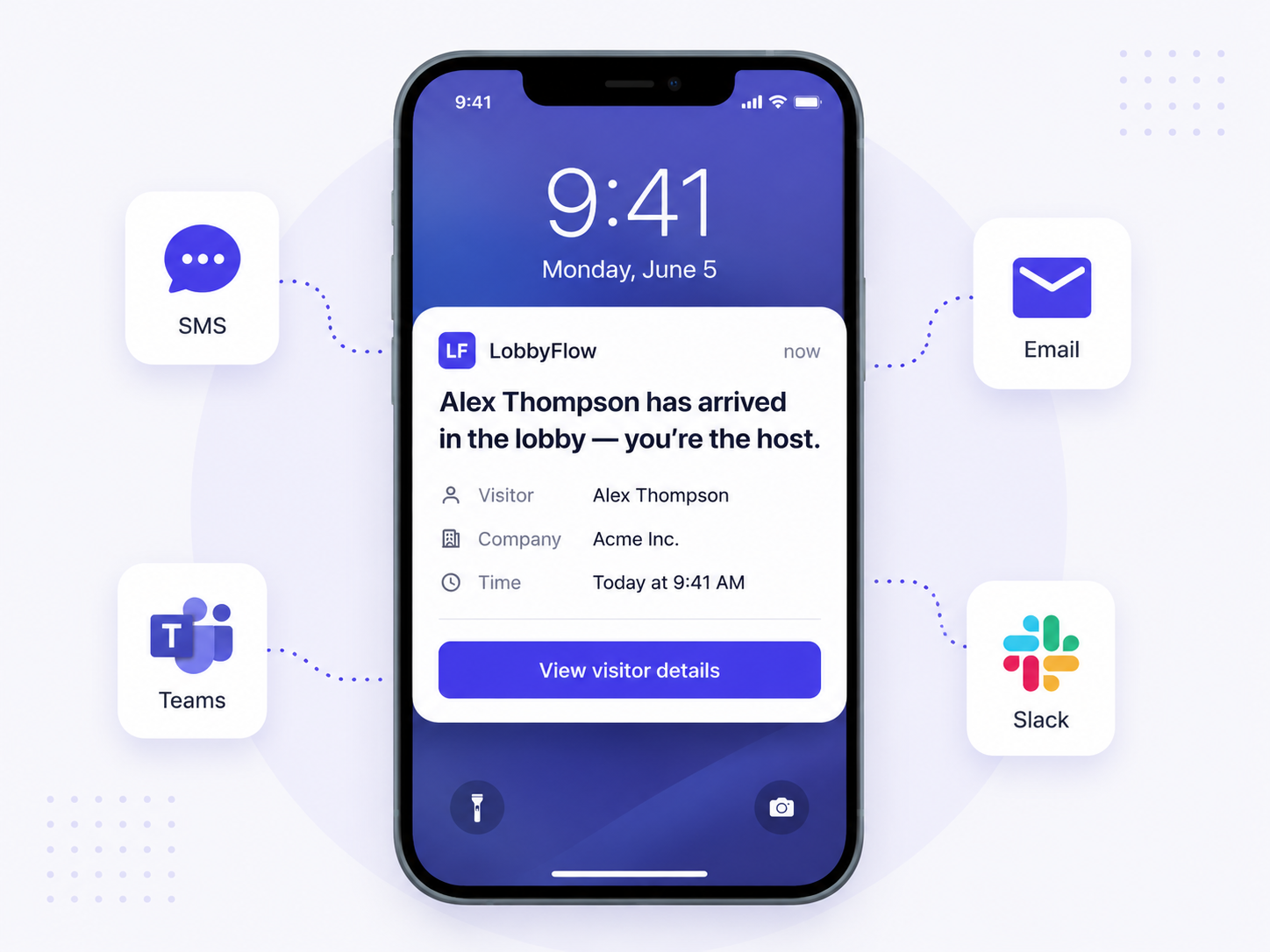 Visitor management software arrival notifications in email and SMS