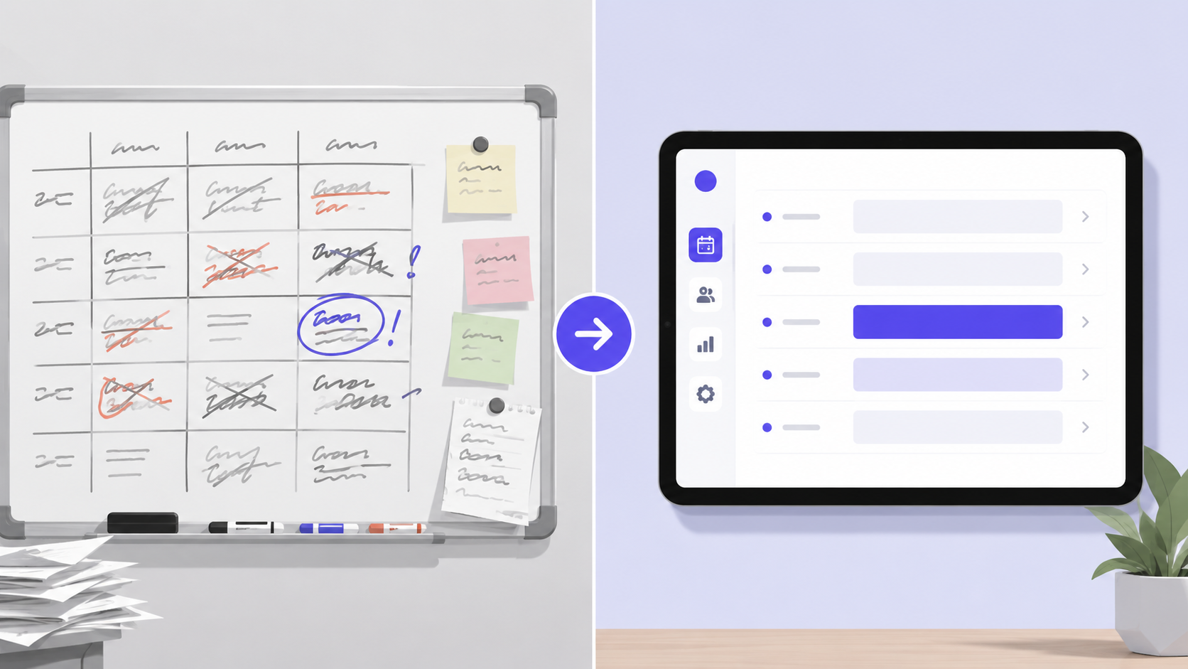 Comparison of a messy whiteboard sign-up sheet versus a clean digital room booking screen