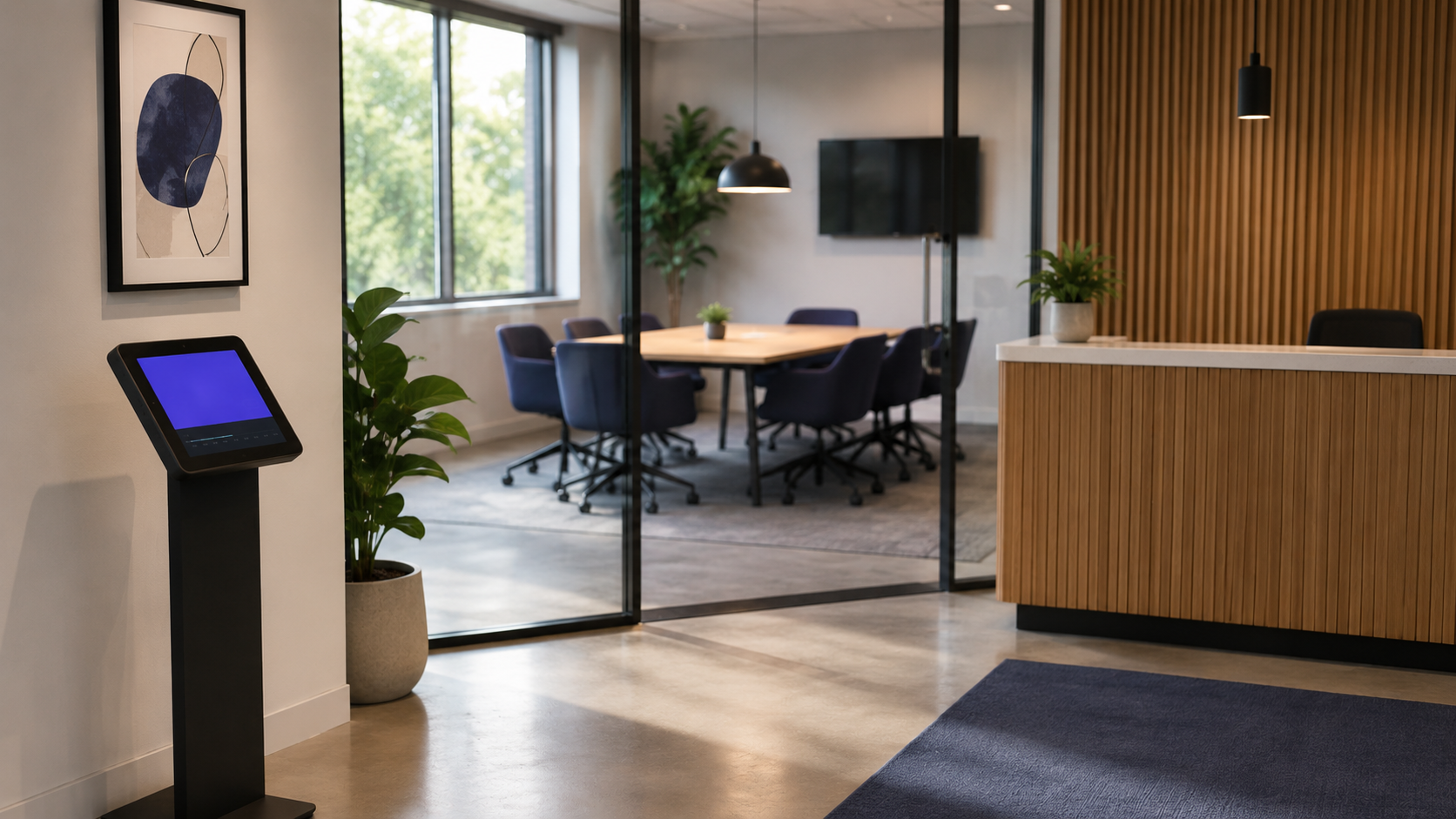 Organized small-office lobby with a tablet kiosk and a glass-walled meeting room
